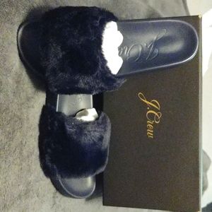 NIB J Crew Pacific Fluffy-Strap Slides sz. 8.5 Navy